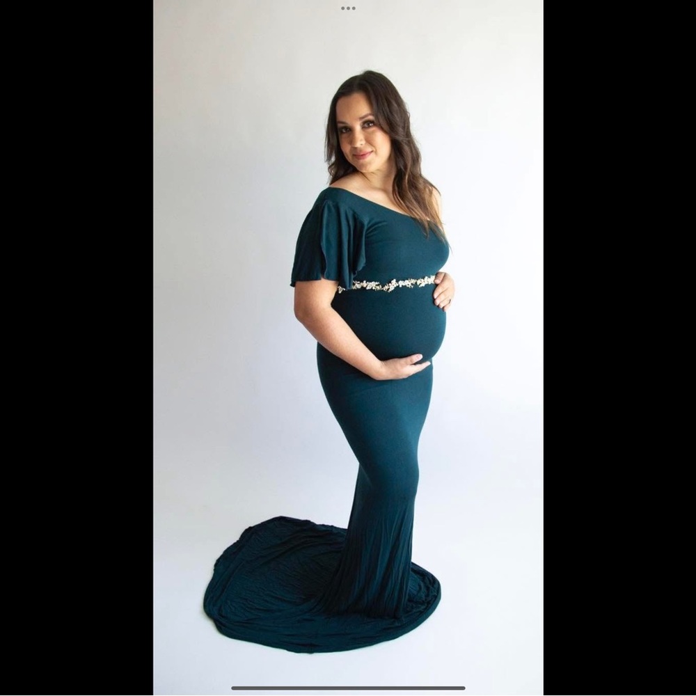 Sew Trendy Blue Spruce One Shoulder Flutter Sleeve Maternity Gown
